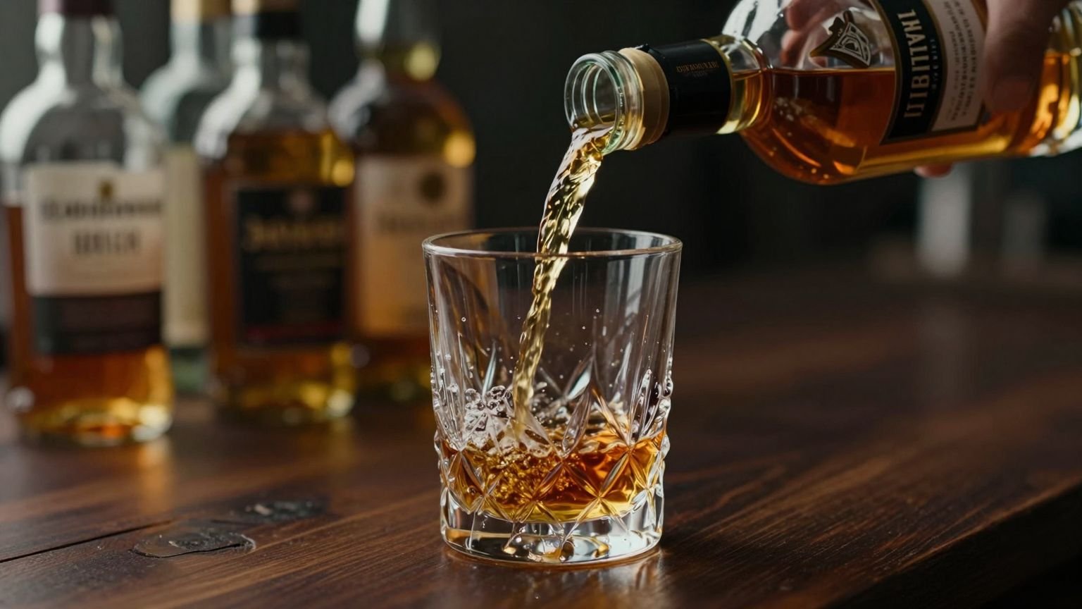 Whiskey being poured into a crystal tumbler