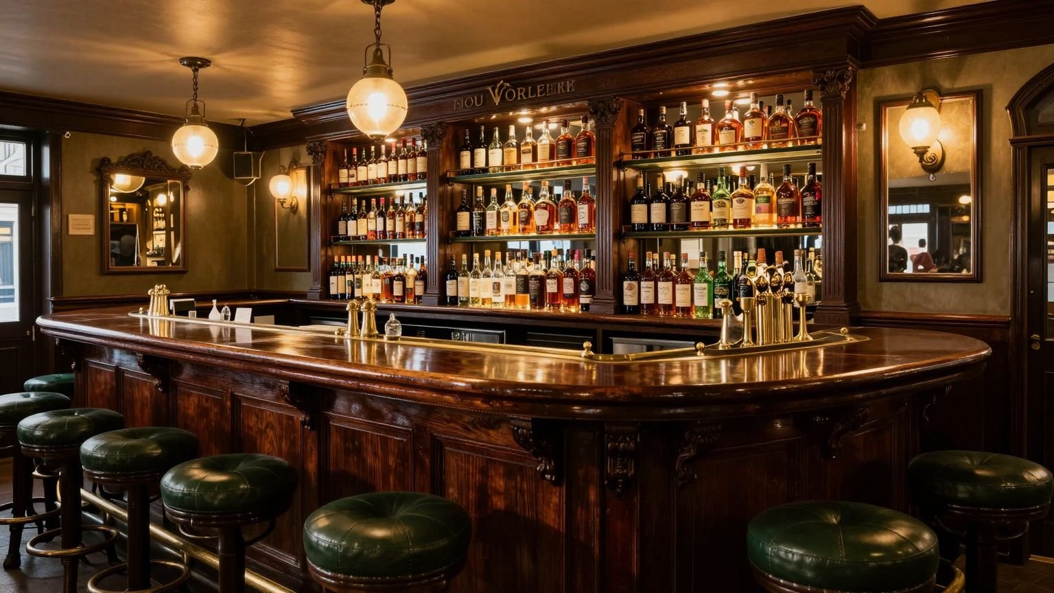 A warm Irish pub bar with whiskey bottles glowing behind it
